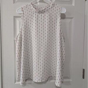 Loft XL Sleeveless Blouse, Mock Neck Keyhole Back, White With Navy/Red Pattern
